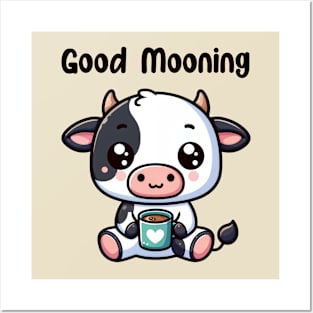 Good Mooning Kawaii Cow Pun Coffee Lovers Posters and Art